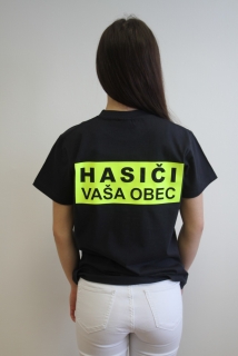 Tmavomodré tričko s neónovým nápisom HASIČI